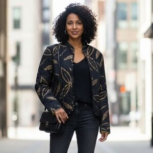 Vintage Eber San Francisco Black & Gold Quilted Open Front Cropped Jacket L